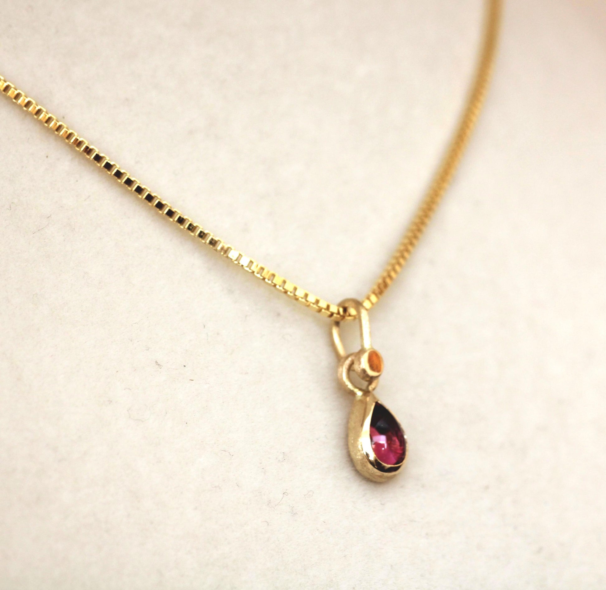 14K Solid Gold Tear Drop Rhodolite Garnet Necklace/Optional Gold Chain