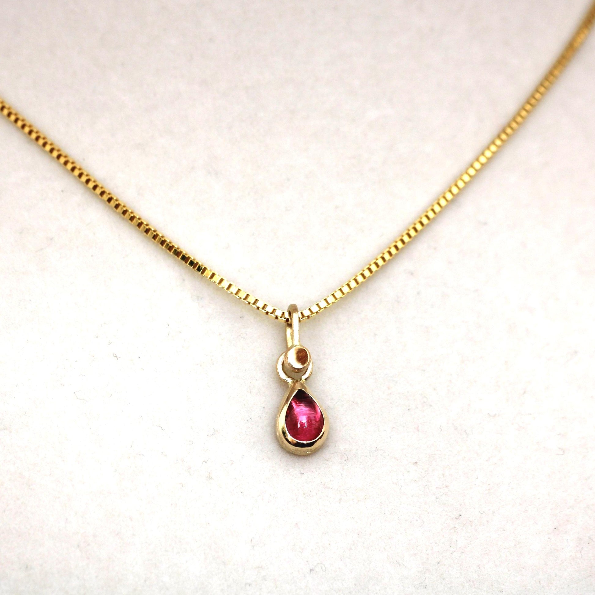 14K Solid Gold Tear Drop Rhodolite Garnet Necklace/Optional Gold Chain