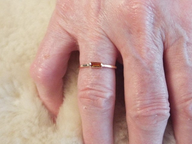Solid 14k Gold Citrine Baguette Ring: November Birthstone Stacking