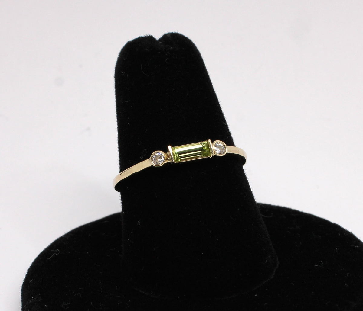 14k Gold Peridot Diamond Ring: Minimalist Three-Stone Design