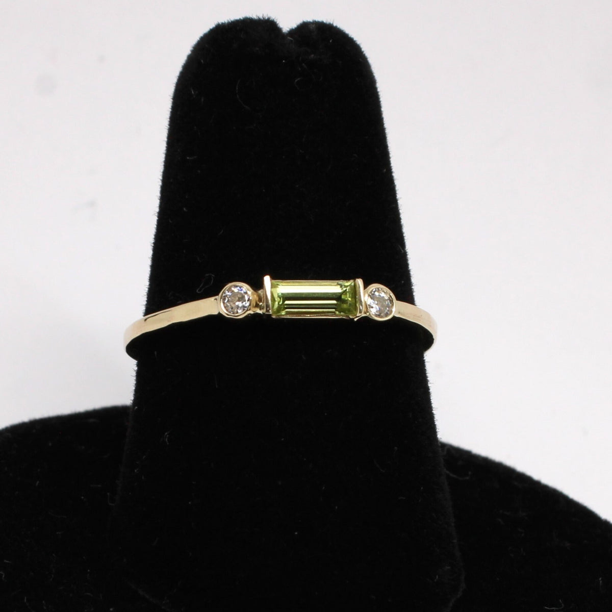 14k Gold Peridot Diamond Ring: Minimalist Three-Stone Design