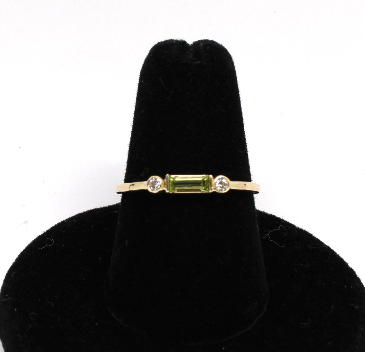 14k Gold Peridot Diamond Ring: Minimalist Three-Stone Design