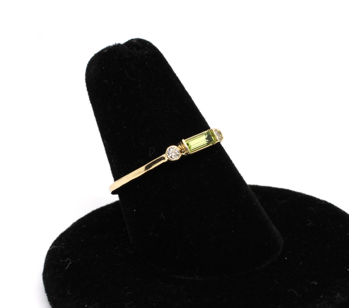 14k Gold Peridot Diamond Ring: Minimalist Three-Stone Design