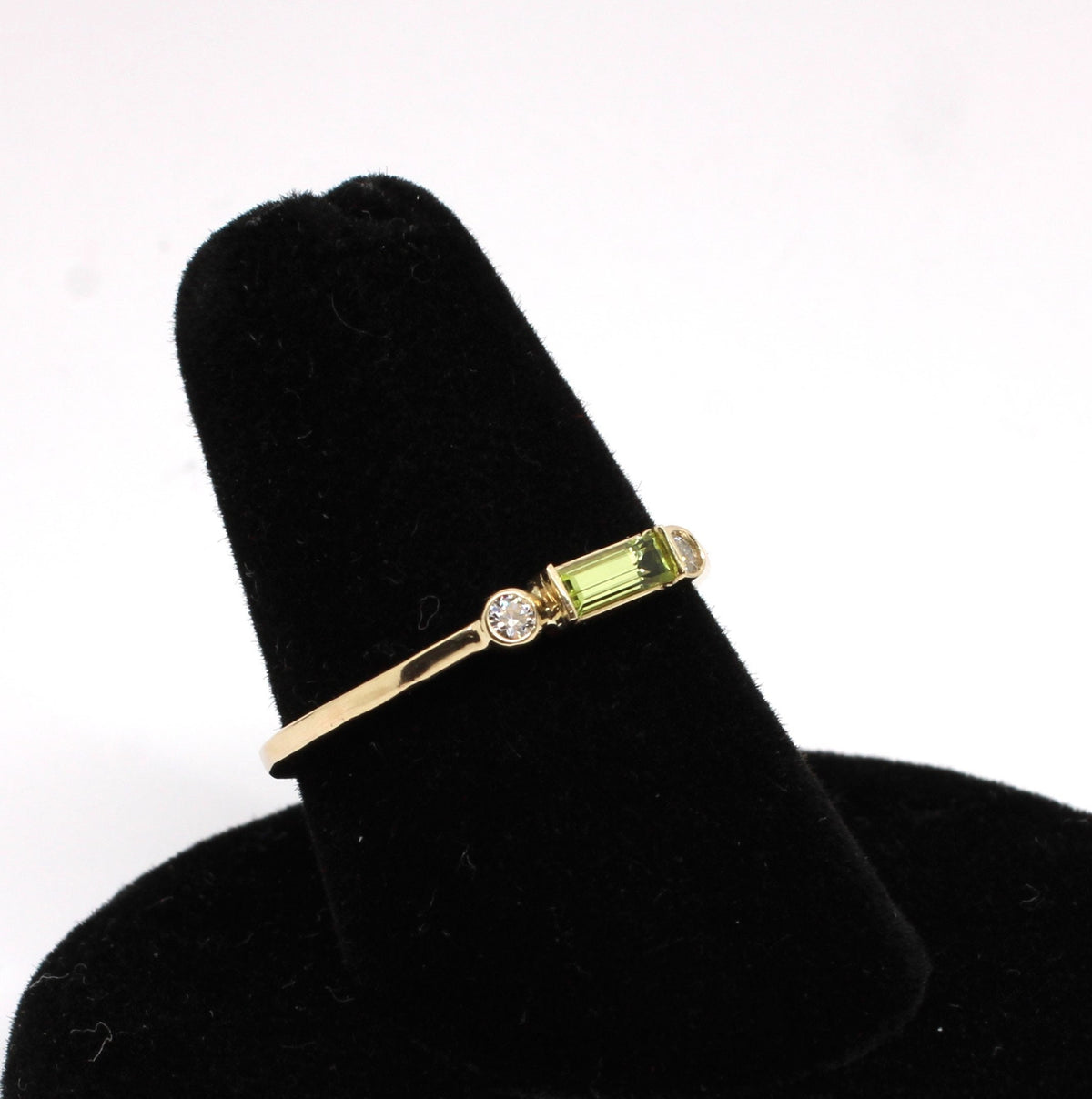 14k Gold Peridot Diamond Ring: Minimalist Three-Stone Design