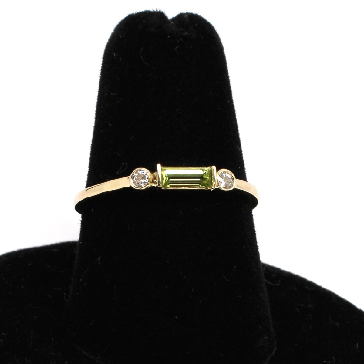 14k Gold Peridot Diamond Ring: Minimalist Three-Stone Design