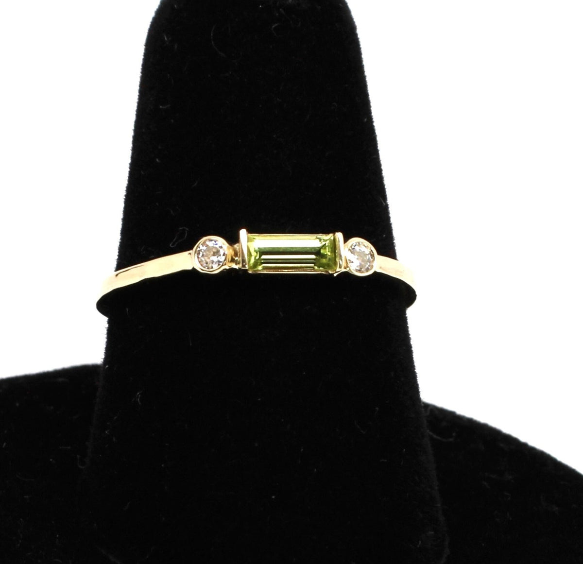14k Gold Peridot Diamond Ring: Minimalist Three-Stone Design