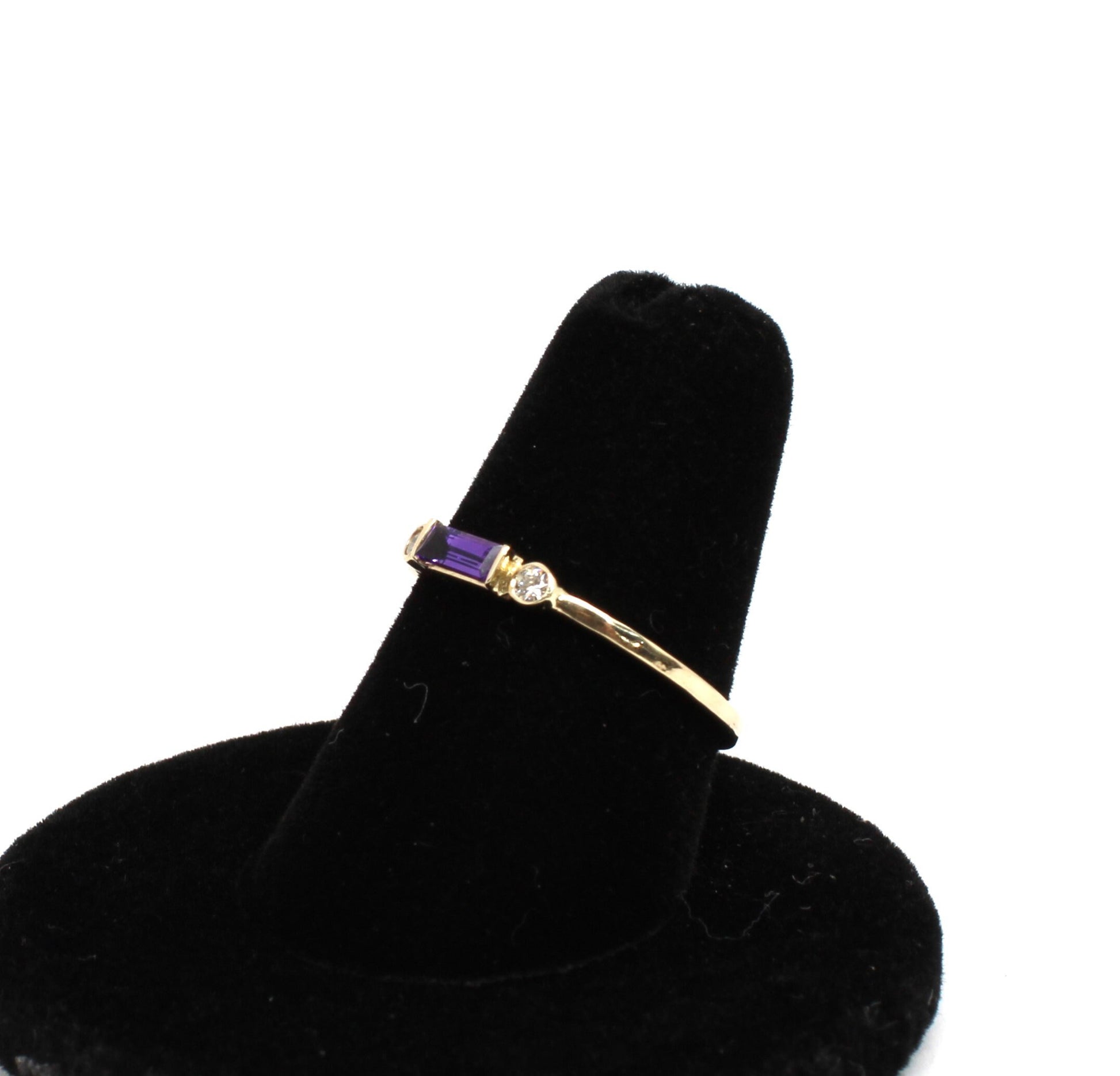 14k Gold Diamond & Amethyst Baguette Ring - Minimalist Design