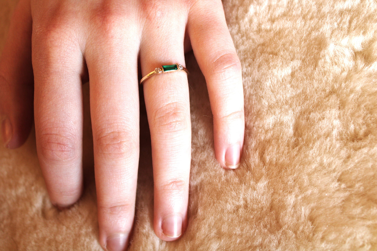 14k Gold Diamond & Amethyst Baguette Ring - Minimalist Design
