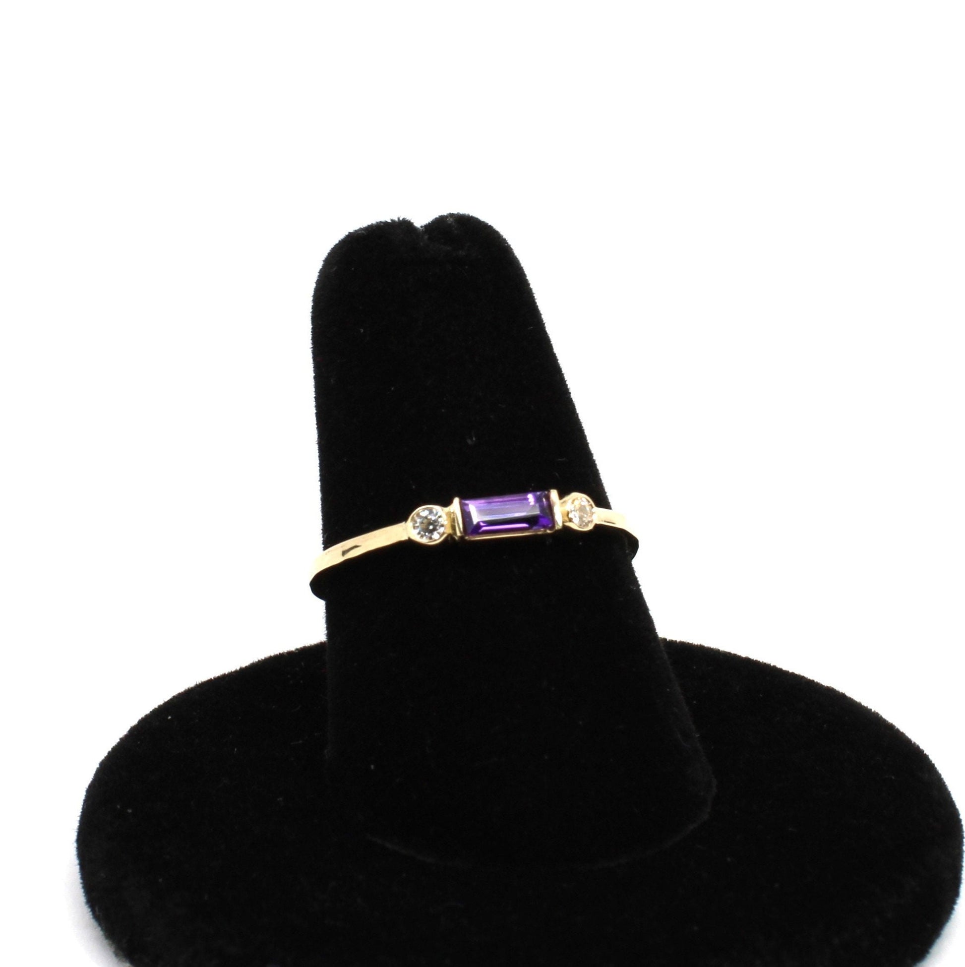 14k Gold Diamond & Amethyst Baguette Ring - Minimalist Design