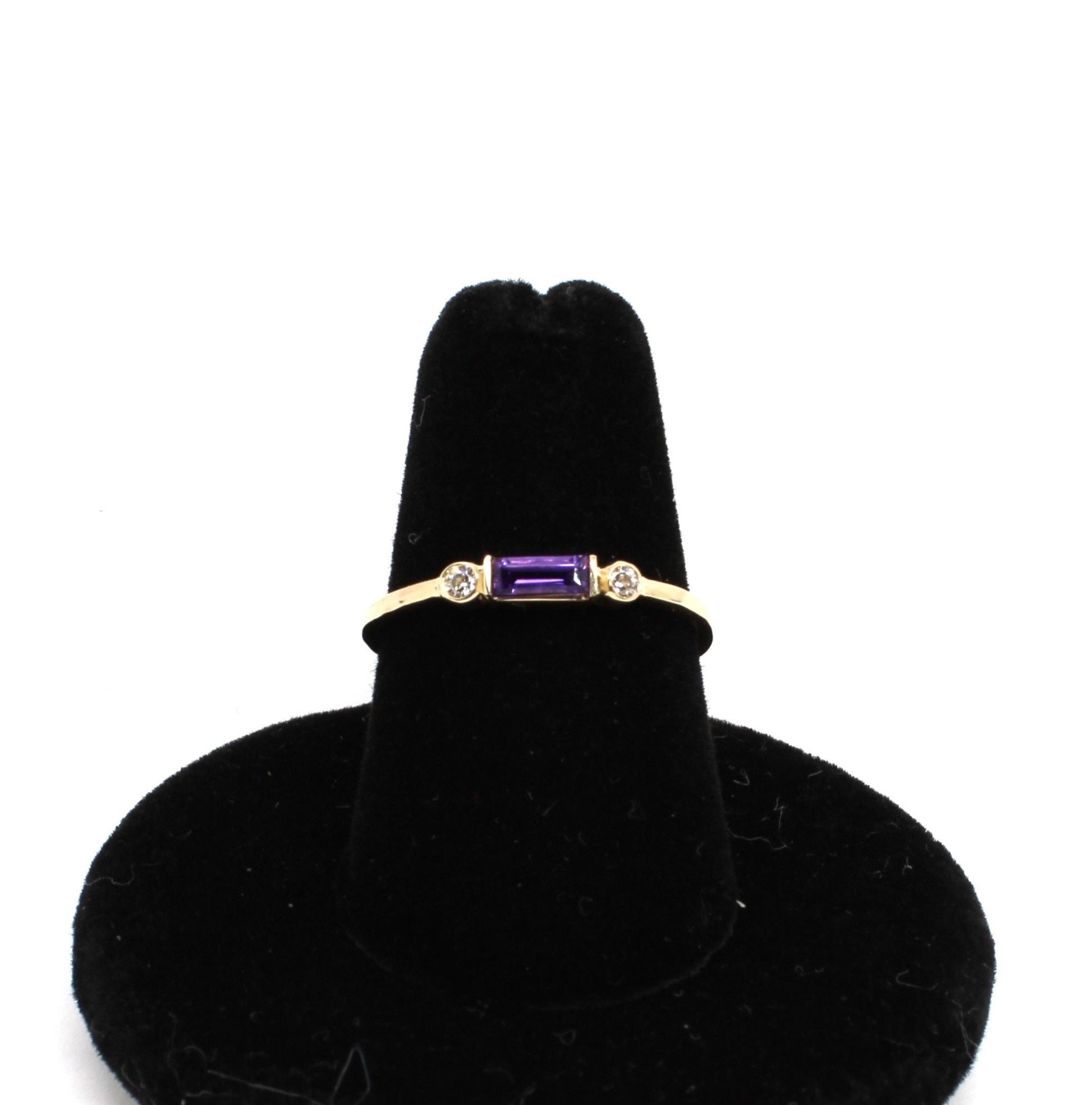 14k Gold Diamond & Amethyst Baguette Ring - Minimalist Design