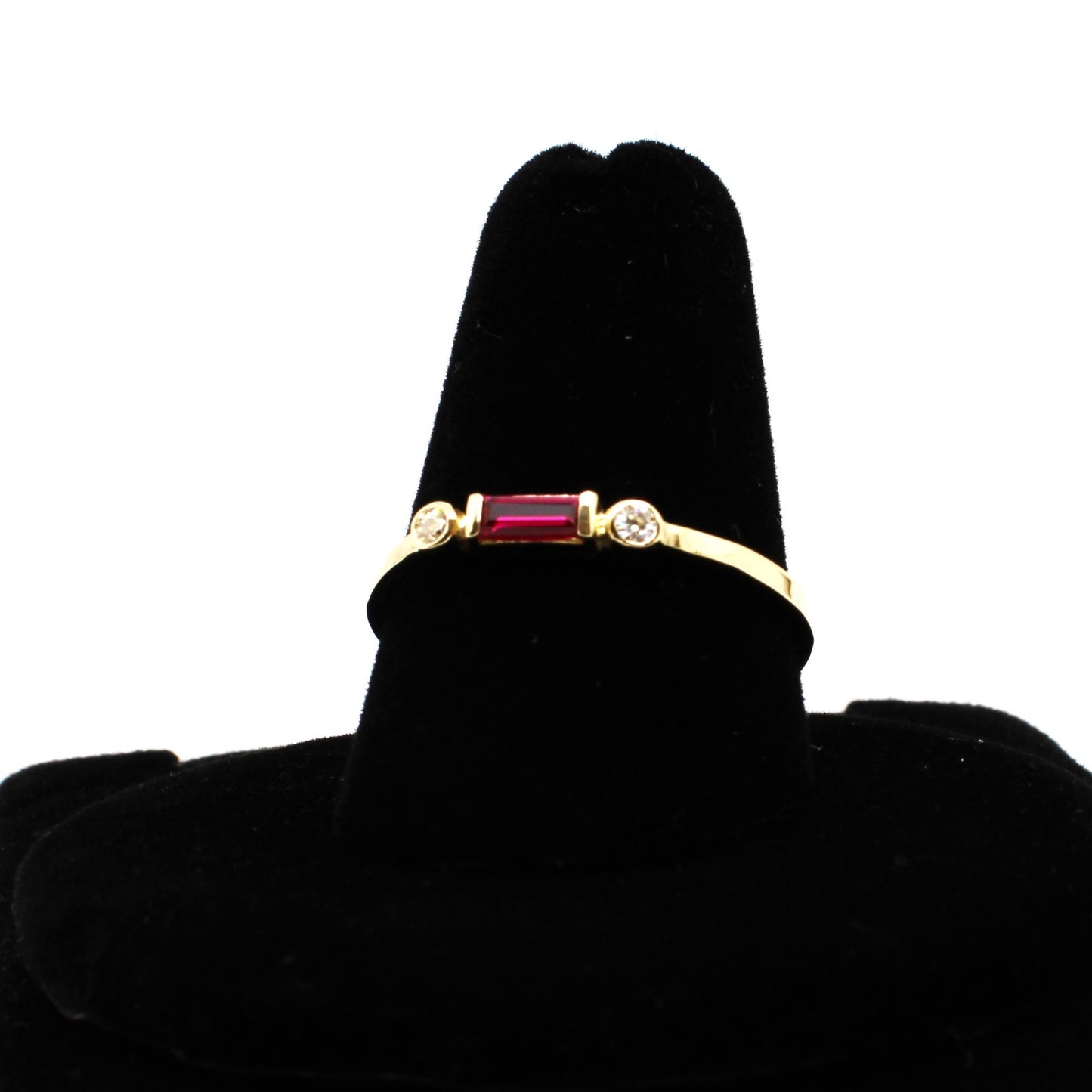 14k Gold Diamond & Lab Ruby Baguette Ring - Minimalist Stacking Band