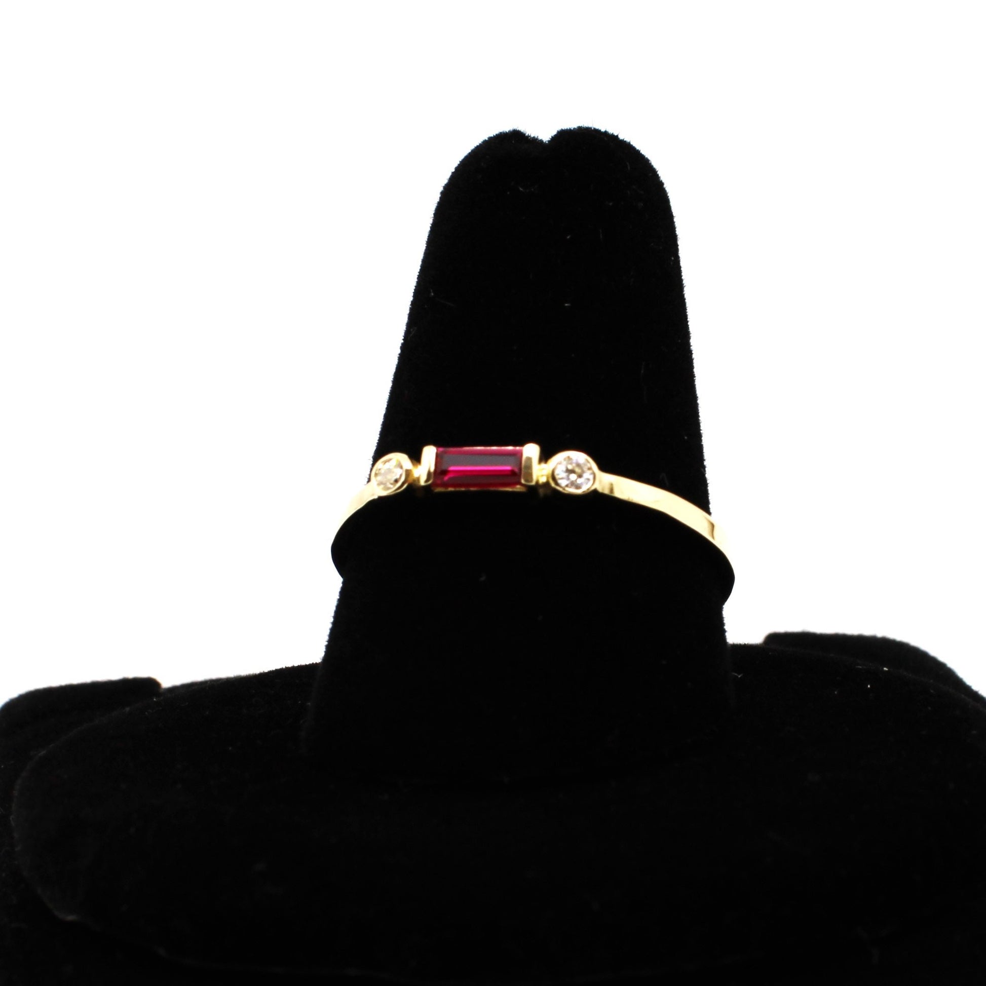 14k Gold Diamond & Lab Ruby Baguette Ring - Minimalist Stacking Band