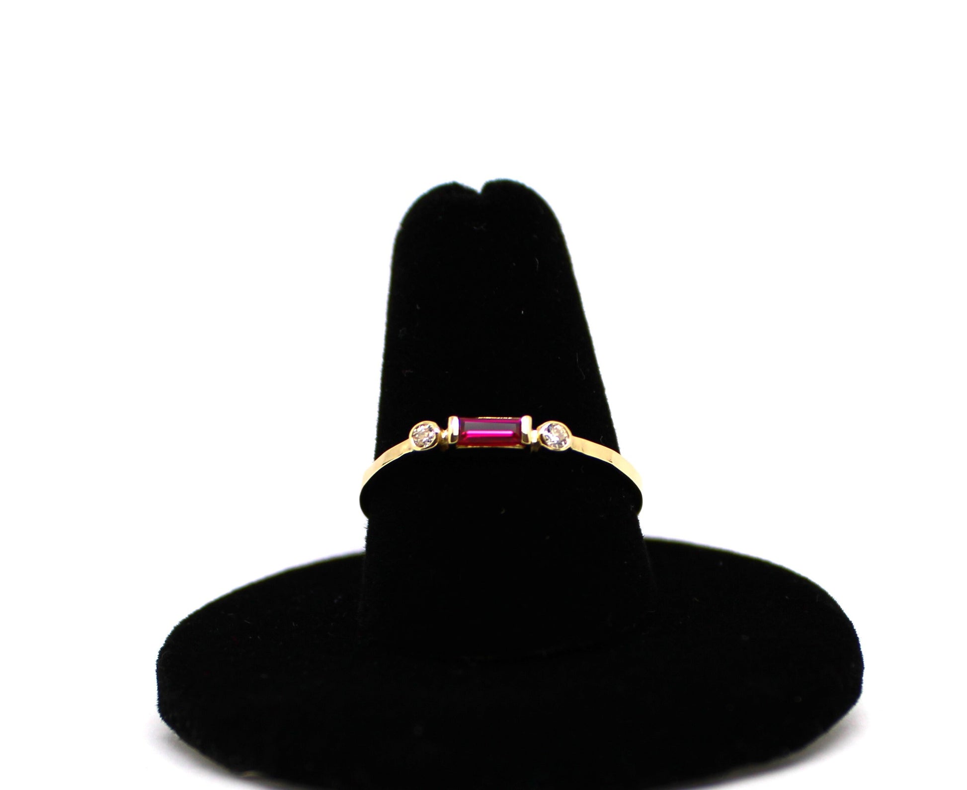 14k Gold Diamond & Lab Ruby Baguette Ring - Minimalist Stacking Band