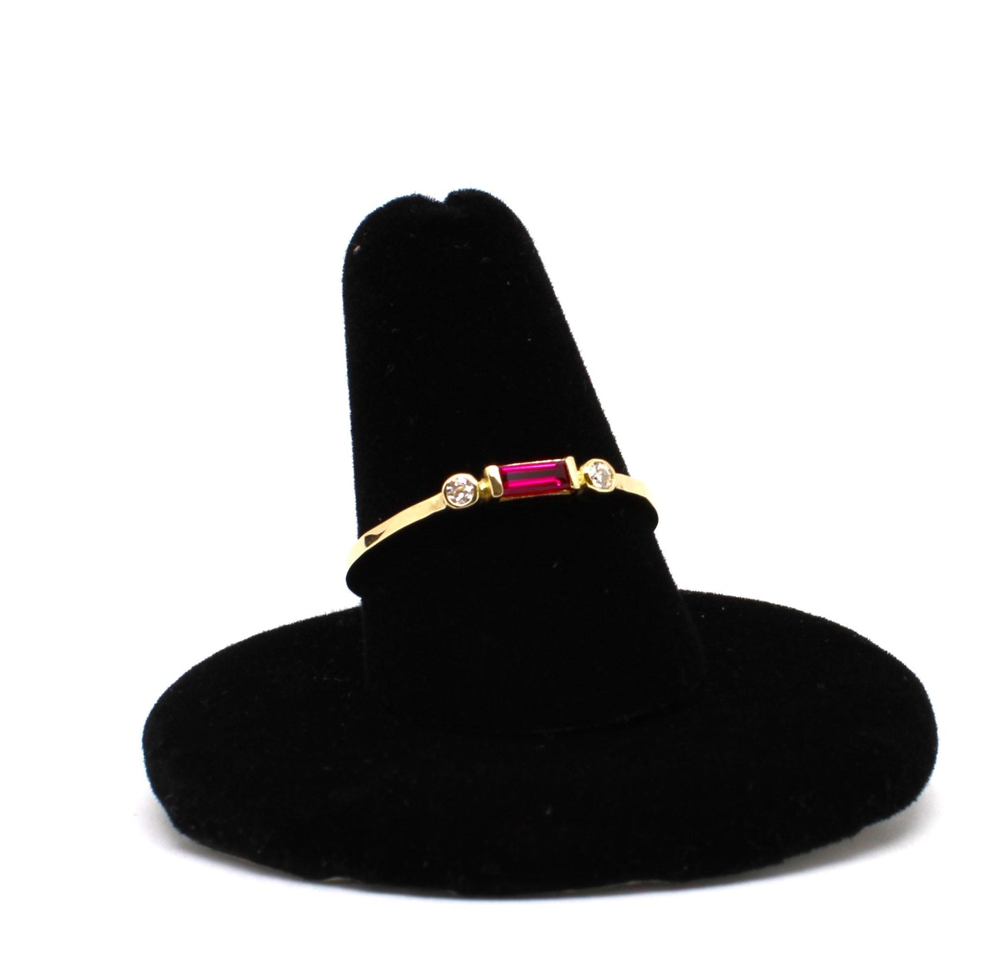 14k Gold Diamond & Lab Ruby Baguette Ring - Minimalist Stacking Band