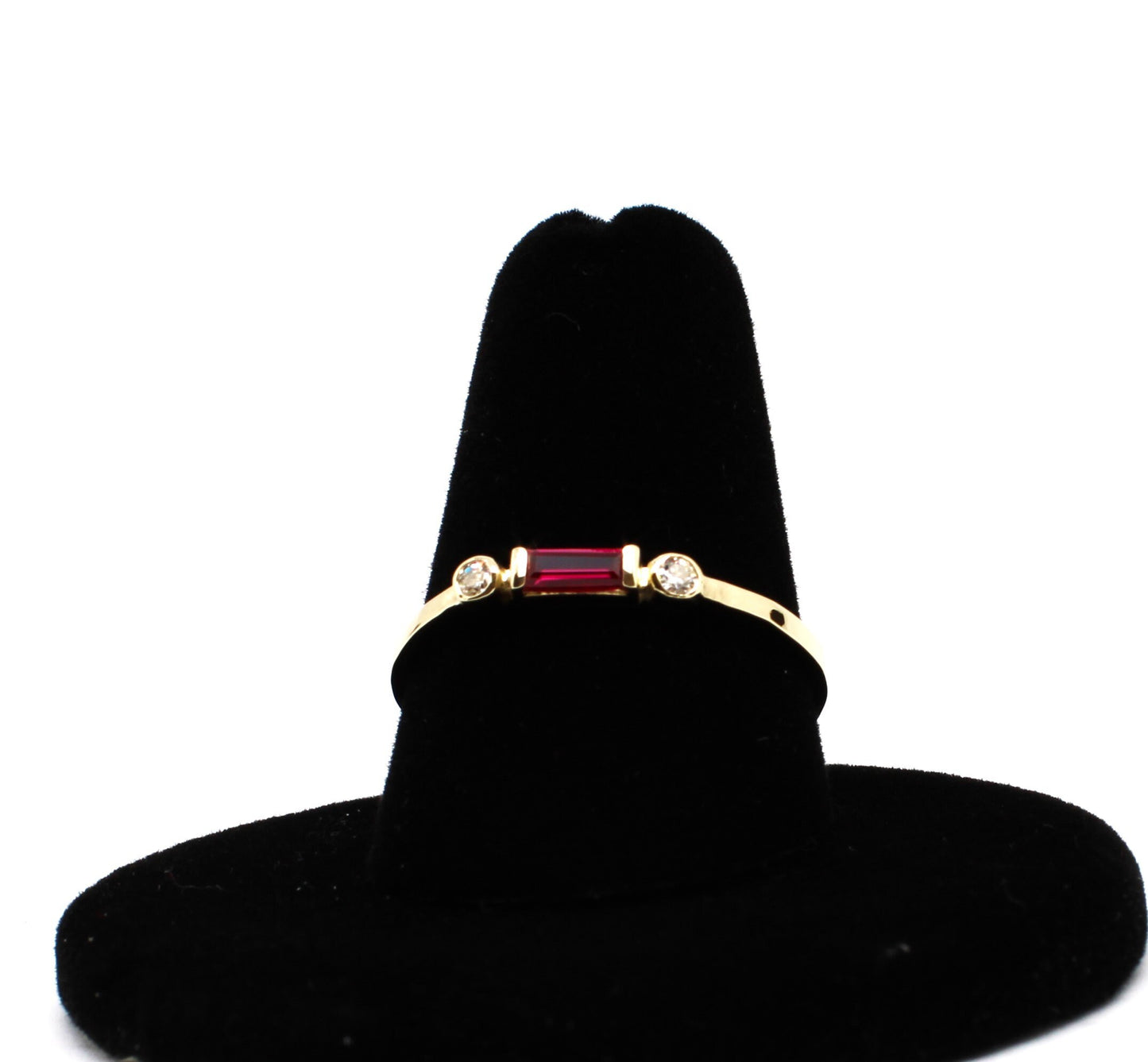 14k Gold Diamond & Lab Ruby Baguette Ring - Minimalist Stacking Band