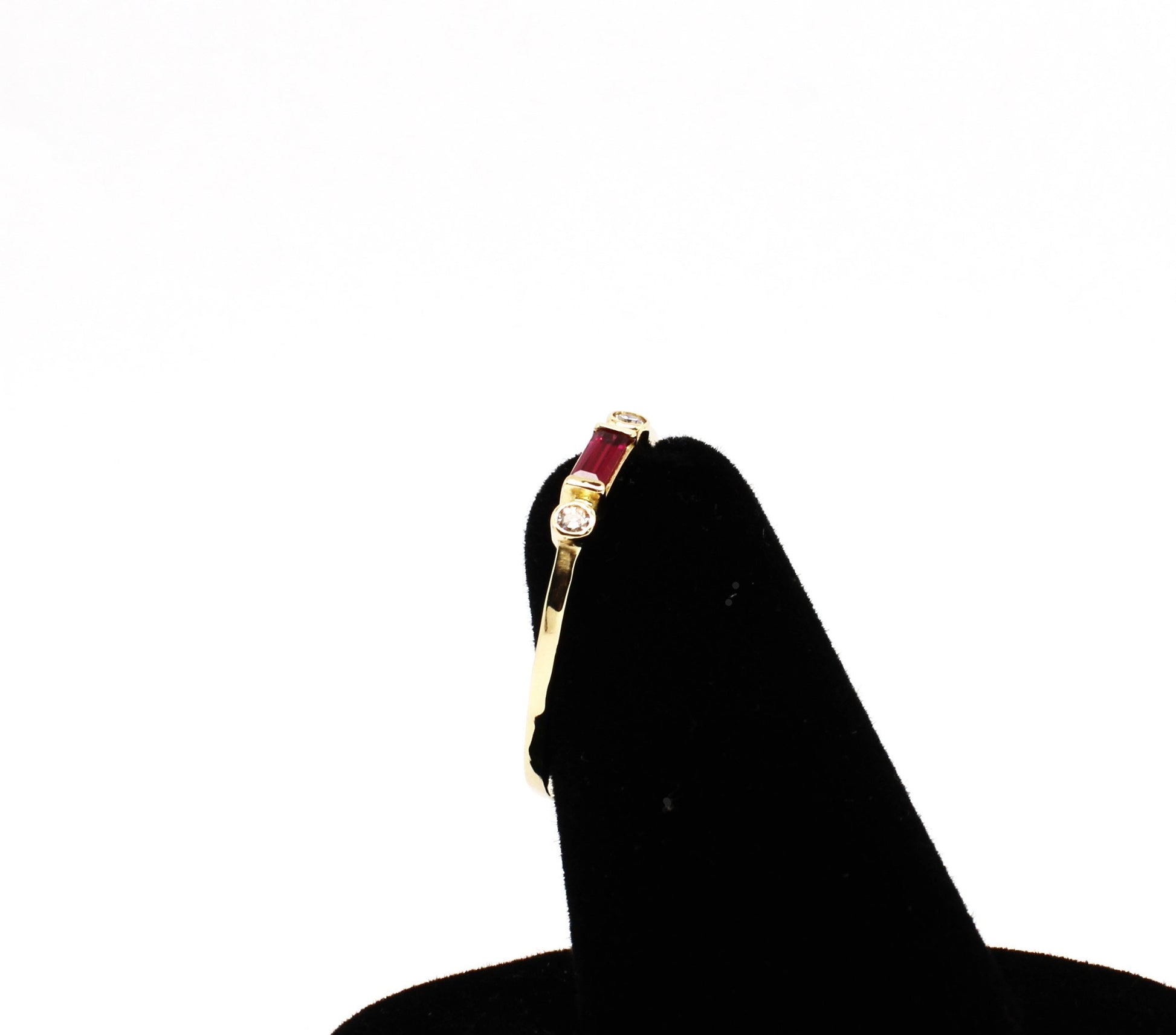 14k Gold Diamond & Lab Ruby Baguette Ring - Minimalist Stacking Band