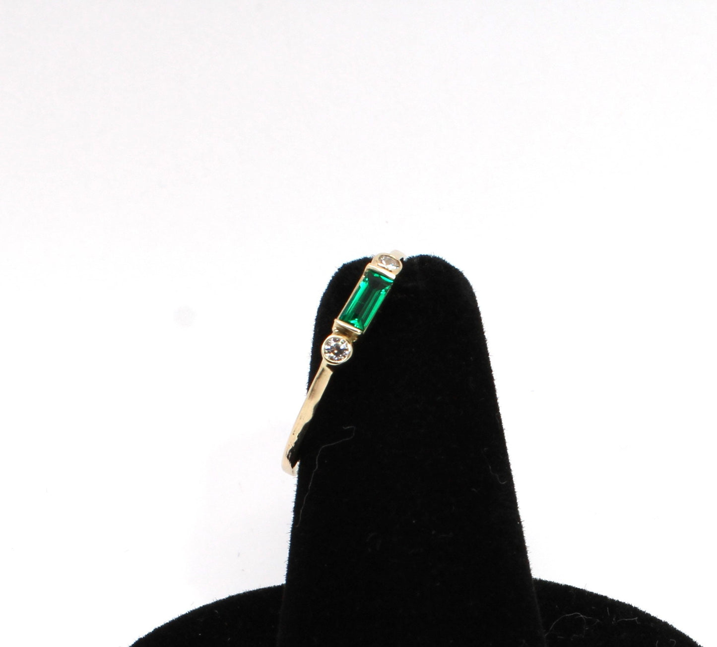 14k Gold Emerald Diamond Ring: Minimalist Three-Stone Design