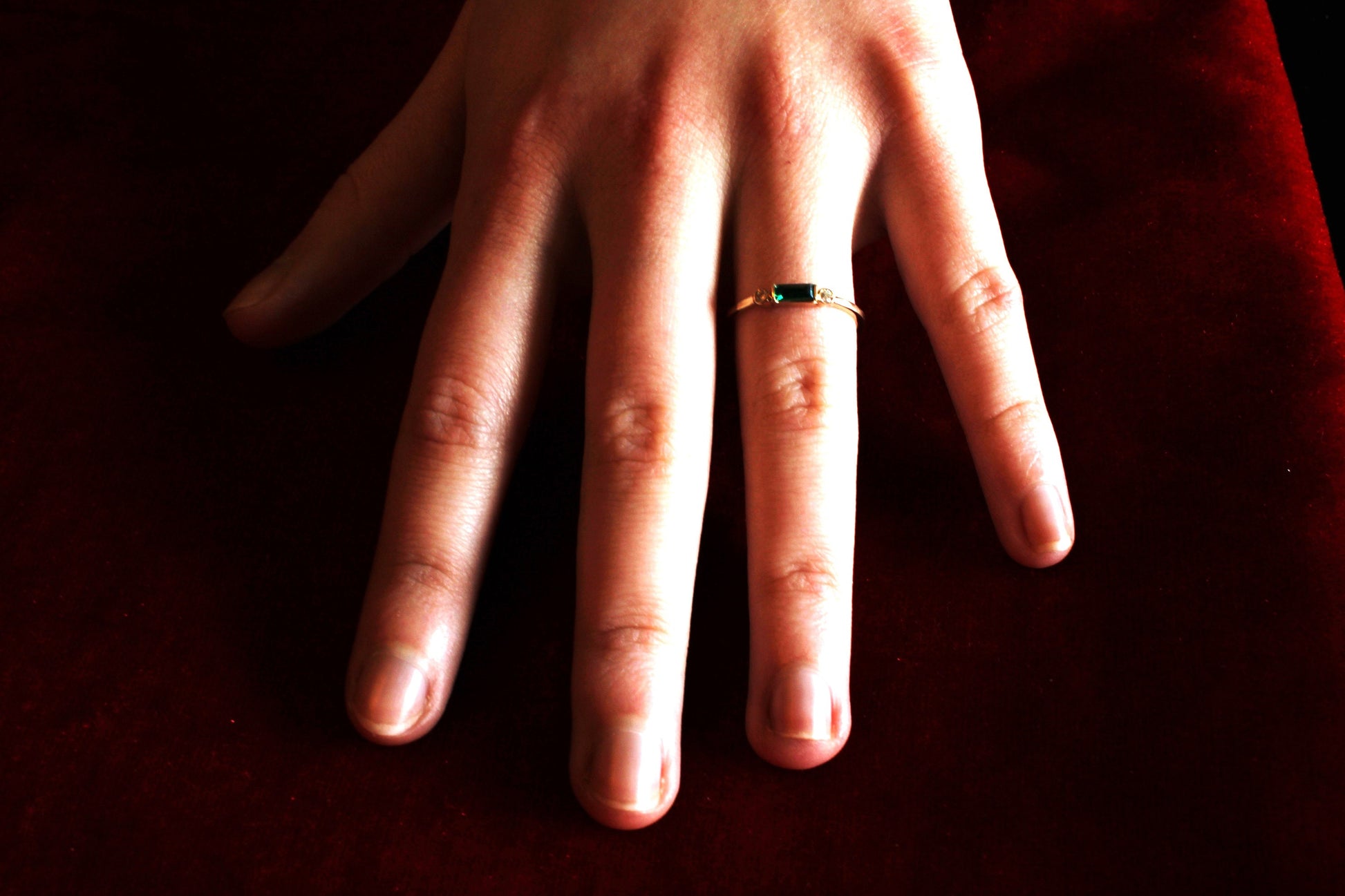 14k Gold Emerald Diamond Ring: Minimalist Three-Stone Design