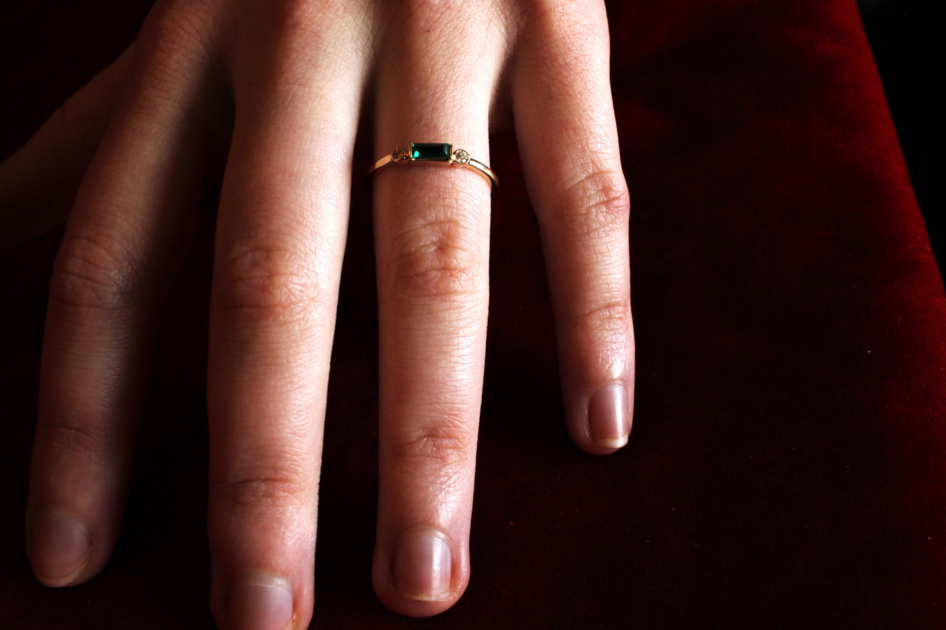 14k Gold Emerald Diamond Ring: Minimalist Three-Stone Design