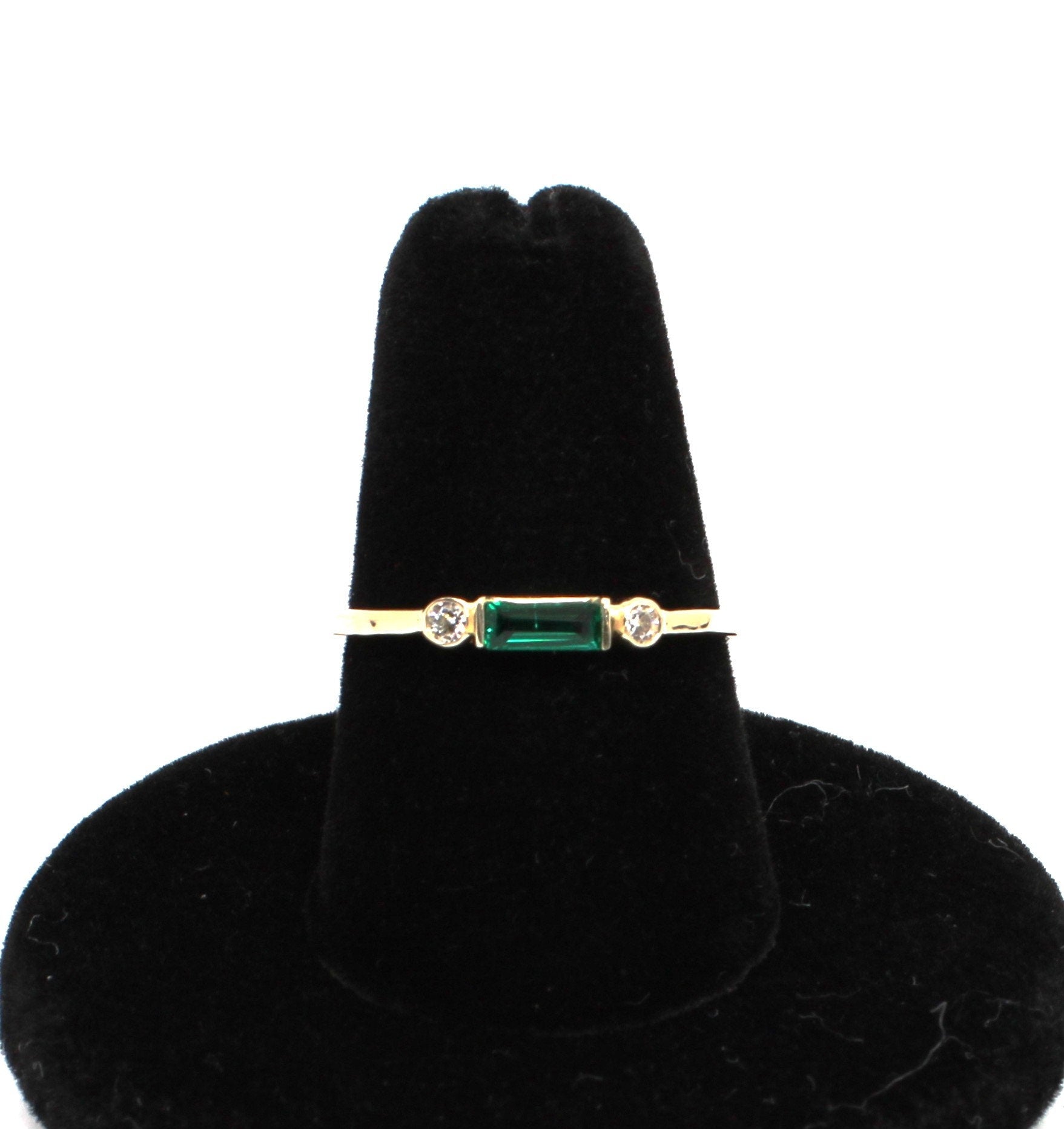 14k Gold Emerald Diamond Ring: Minimalist Three-Stone Design
