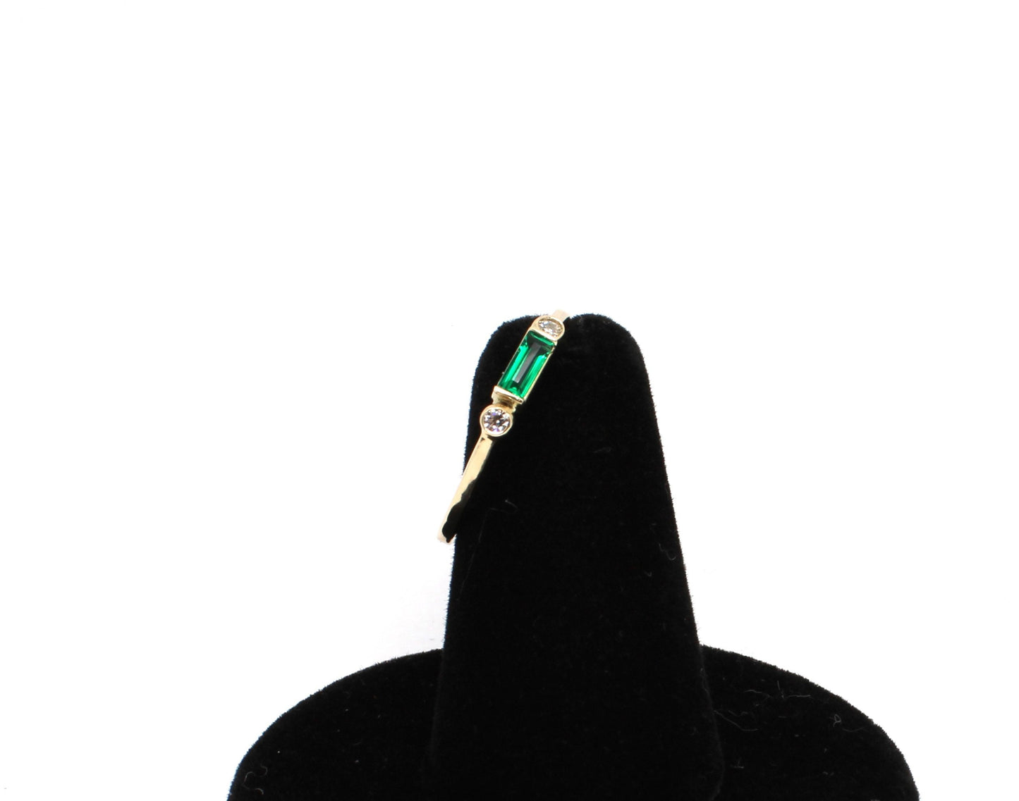 14k Gold Emerald Diamond Ring: Minimalist Three-Stone Design