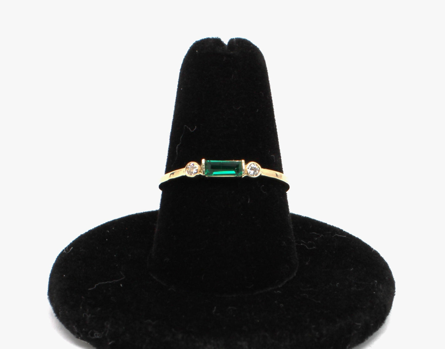 14k Gold Emerald Diamond Ring: Minimalist Three-Stone Design