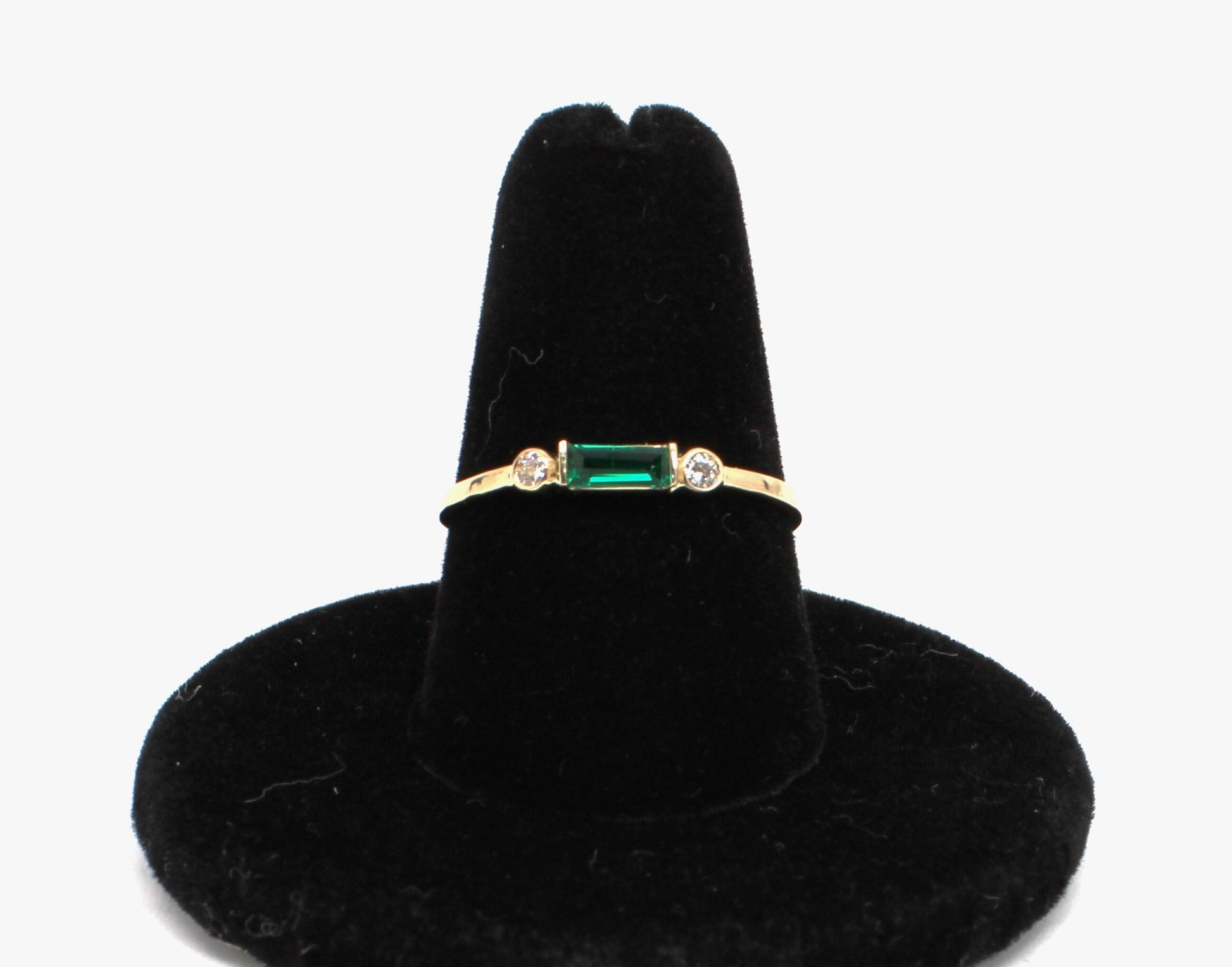 14k Gold Emerald Diamond Ring: Minimalist Three-Stone Design
