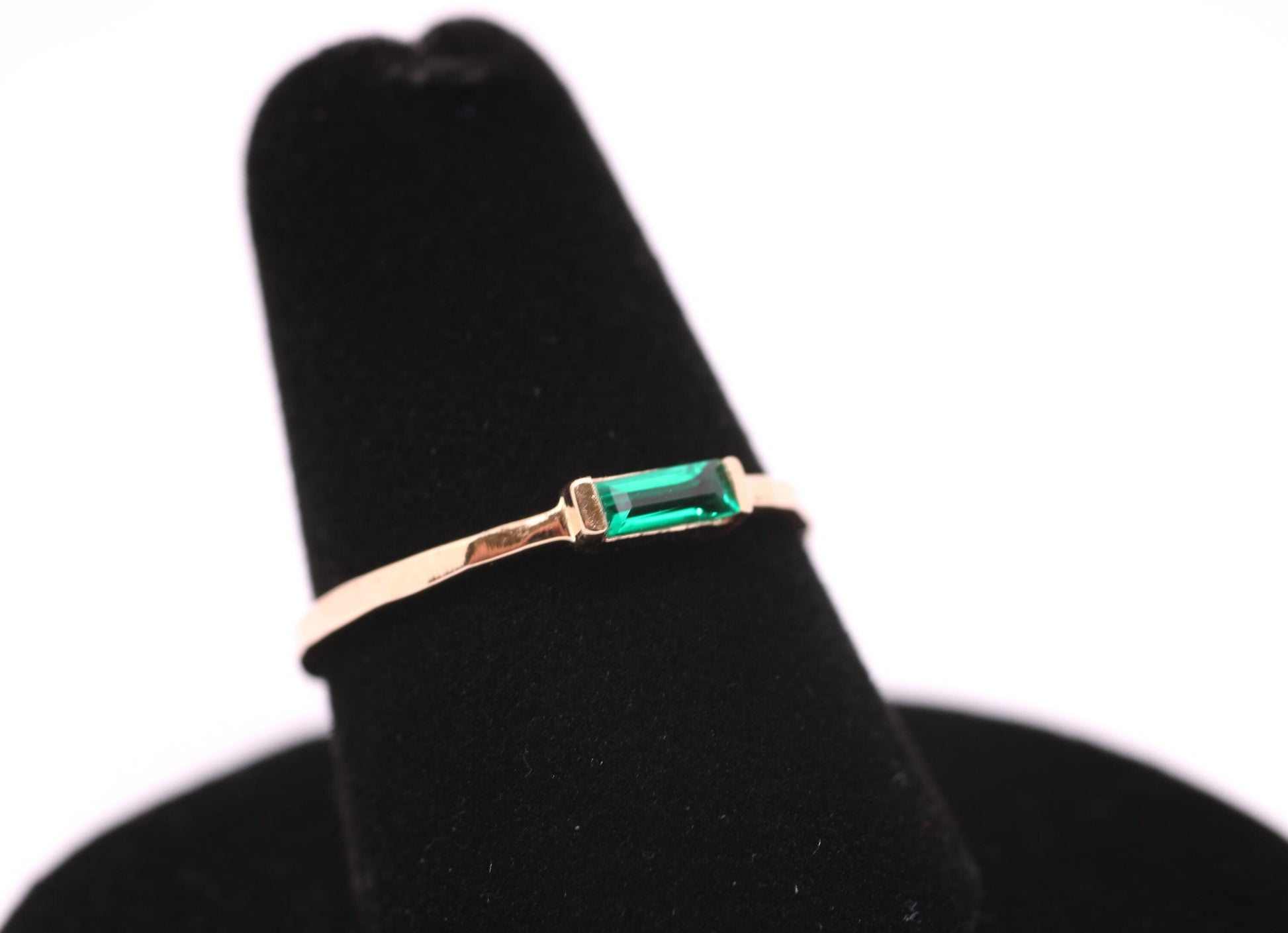 14k Gold Emerald Ring: Baguette May Birthstone Stacking Ring