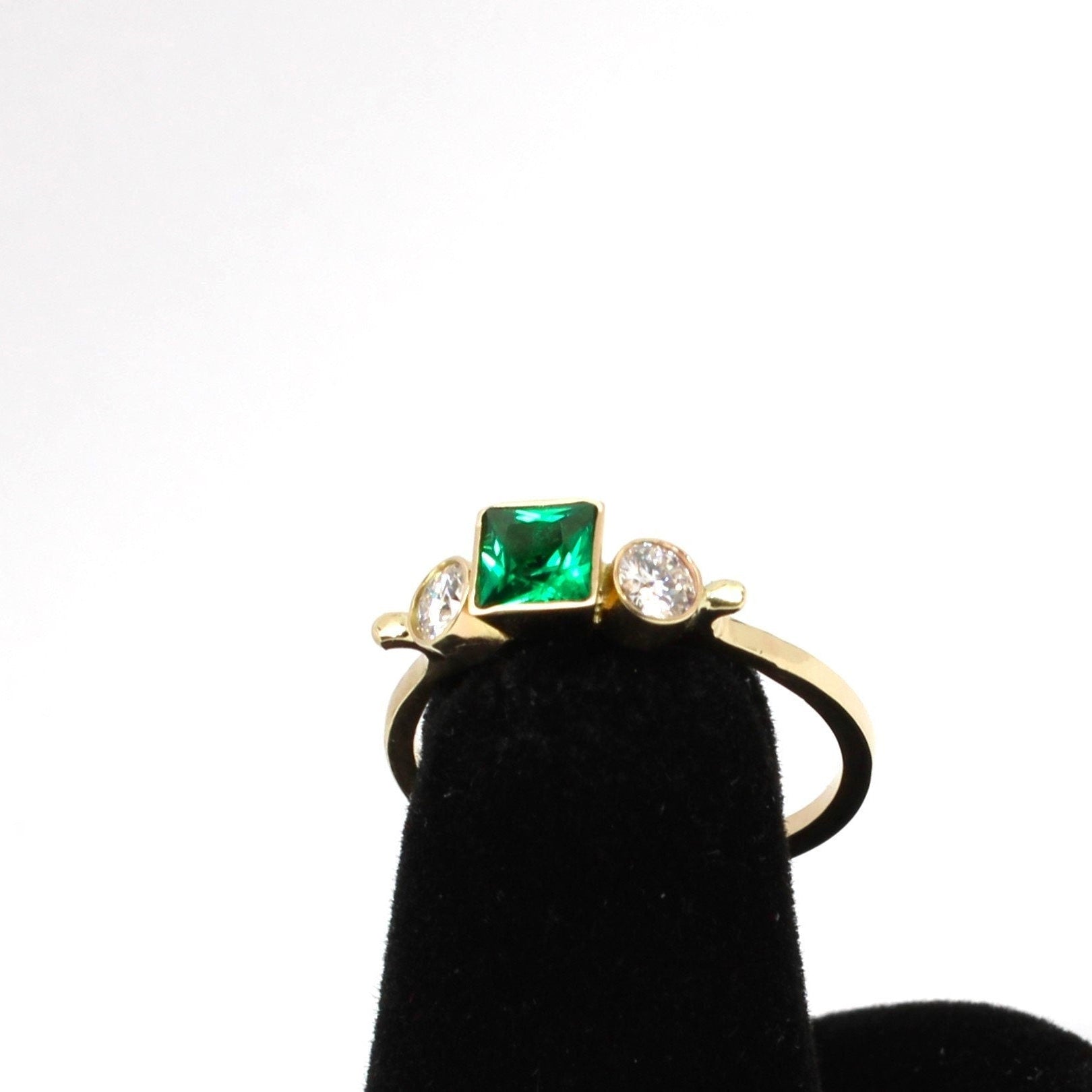 14k Gold Emerald Ring: Three Stone Diamond Engagement Ring