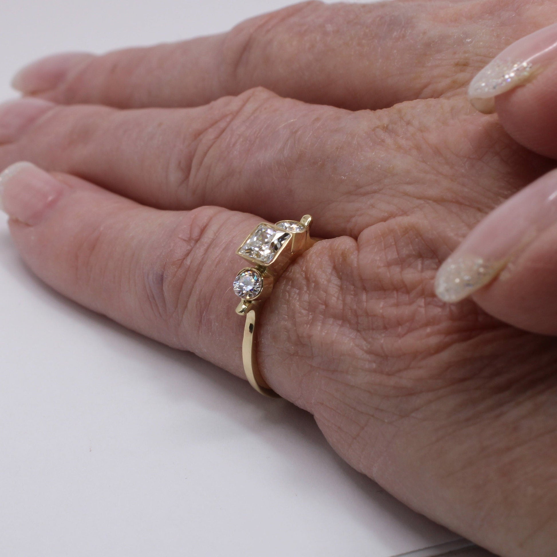 14k Gold Emerald Ring: Three Stone Diamond Engagement Ring