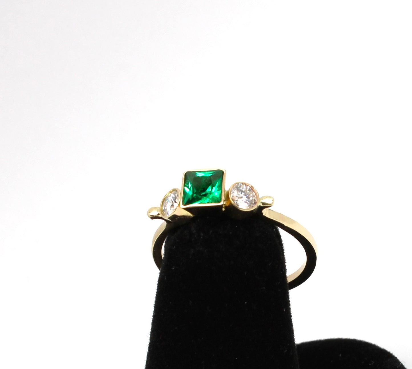 14k Gold Emerald Ring: Three Stone Moissanite Engagement Ring
