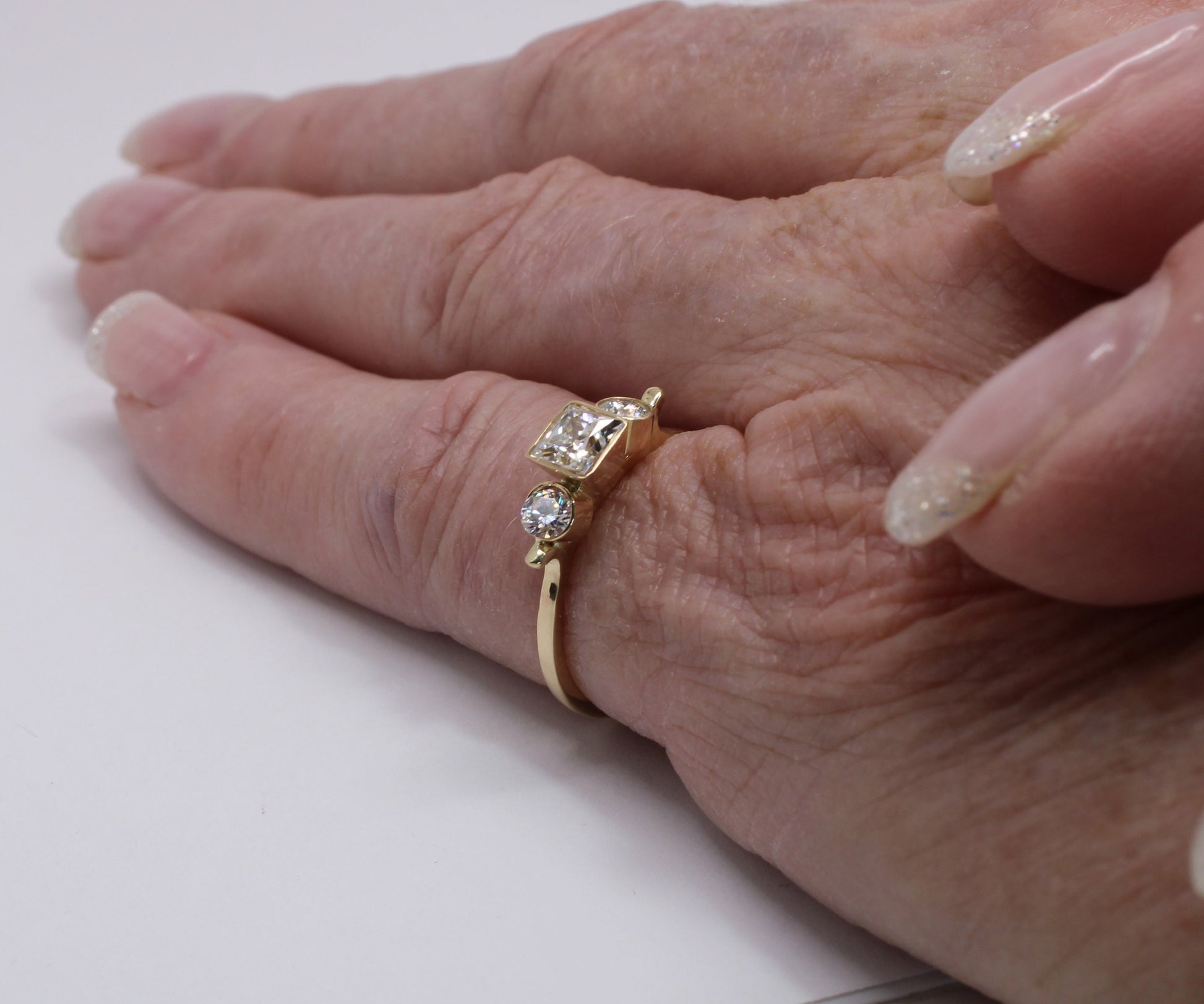14k Gold Emerald Ring: Three Stone Moissanite Engagement Ring