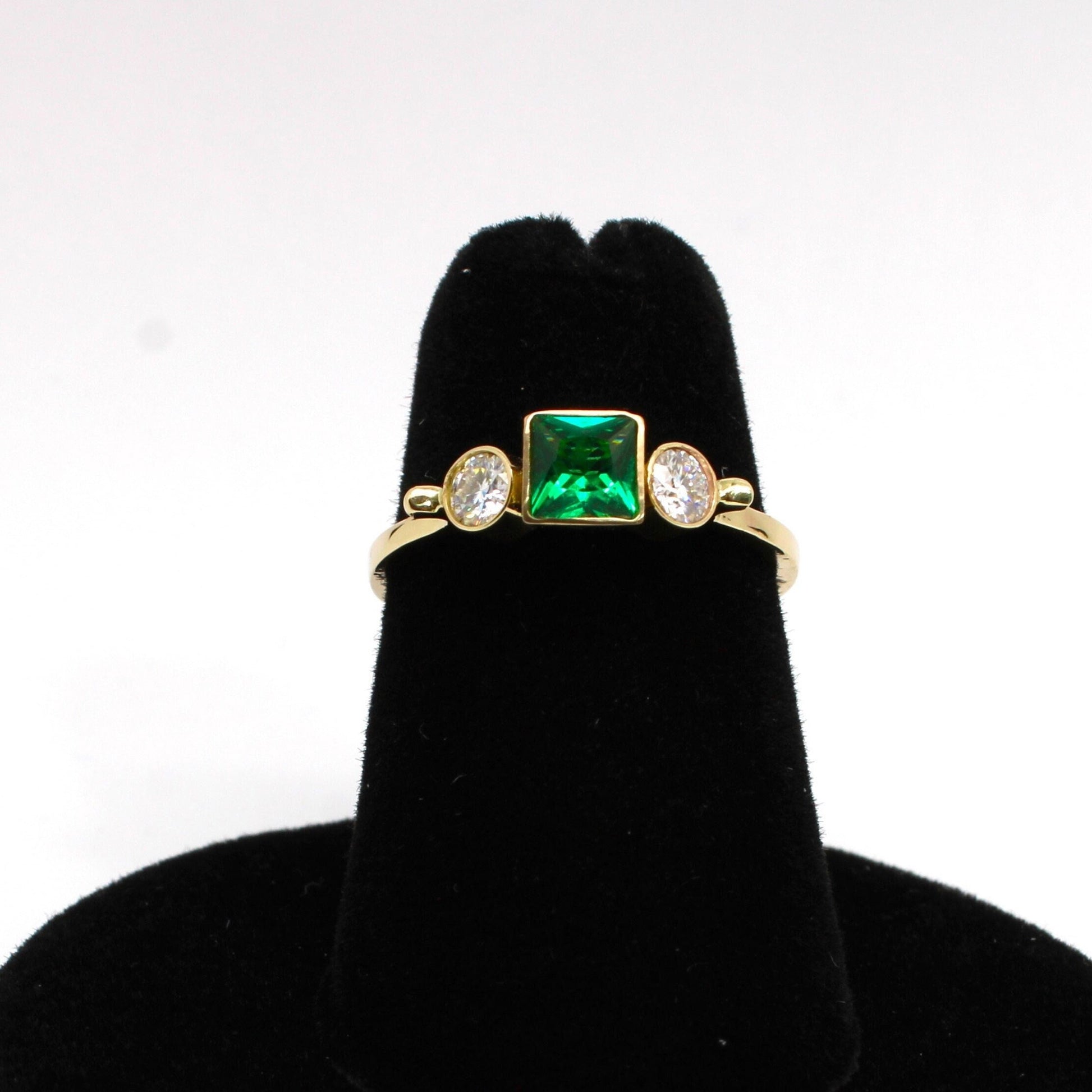 14k Gold Emerald Ring: Three Stone Moissanite Engagement Ring