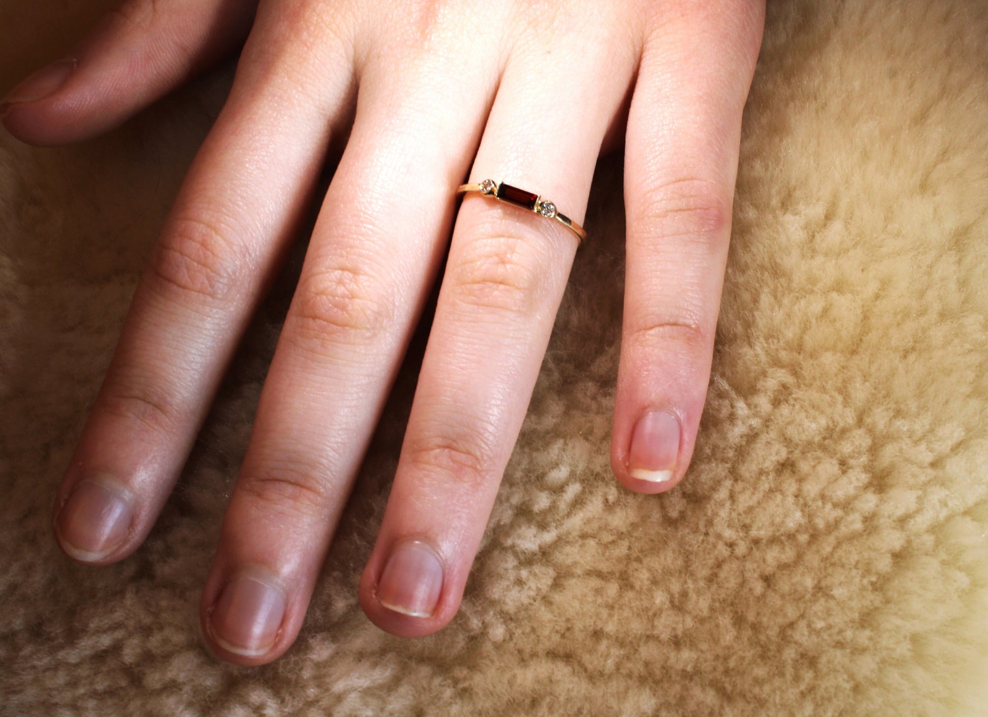 14k Gold Garnet Diamond Ring: Minimalist Three-Stone Engagement