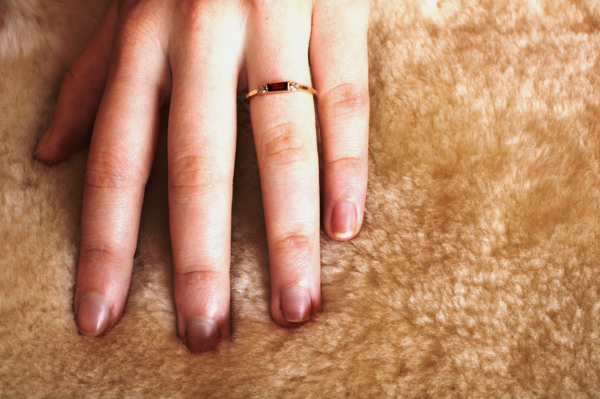 14k Gold Garnet Diamond Ring: Minimalist Three-Stone Engagement