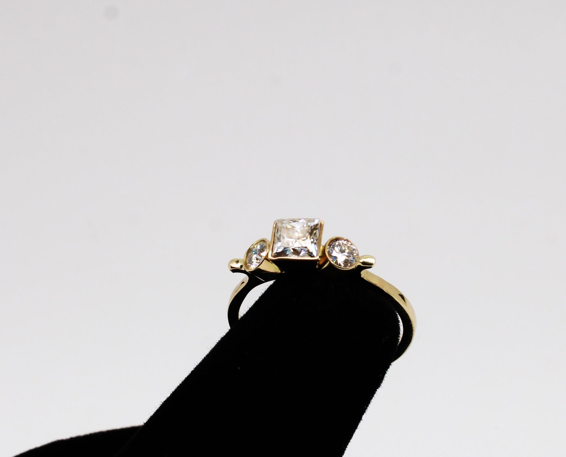 14k Gold Moissanite Ring: Three Stone Engagement Ring