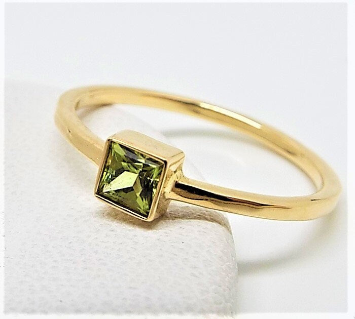 14k Gold Peridot Ring: Square August Birthstone Engagement Ring