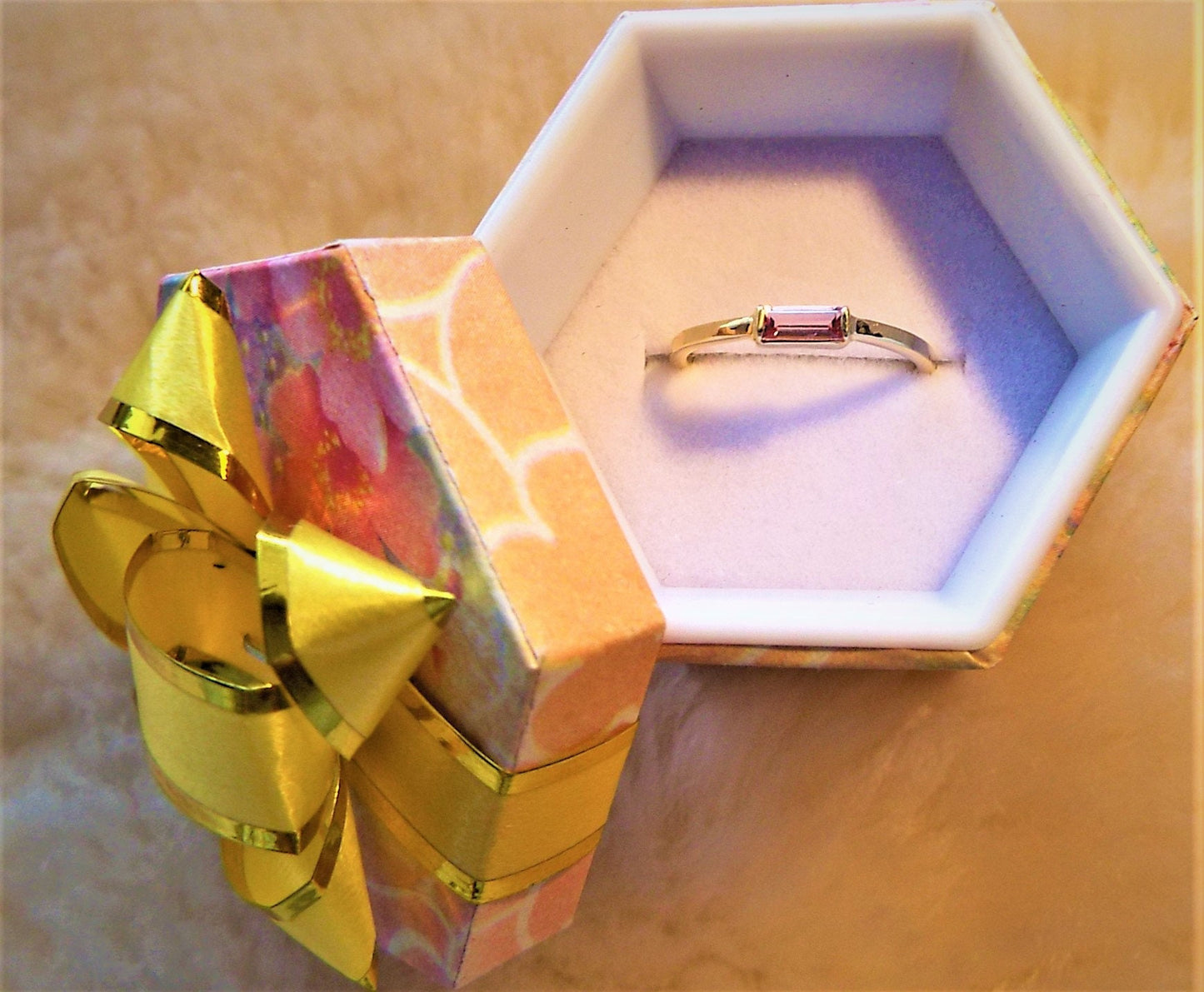 14k Gold Pink Tourmaline Baguette Ring - October Birthstone