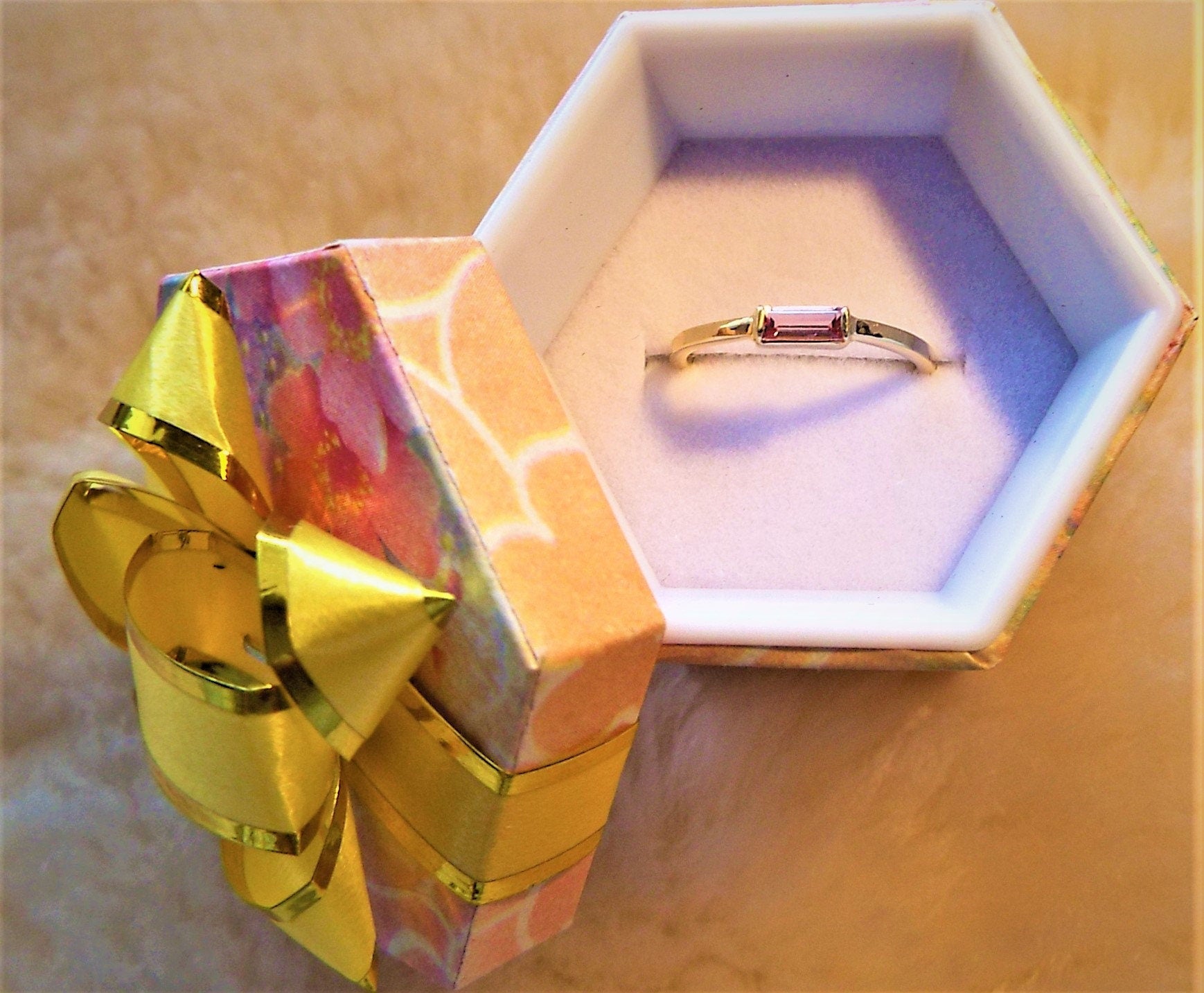 14k Gold Pink Tourmaline Baguette Ring - October Birthstone