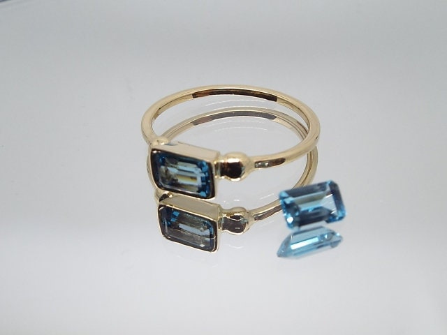 14k Gold Sky Blue Topaz Ring: Emerald Cut Art Deco
