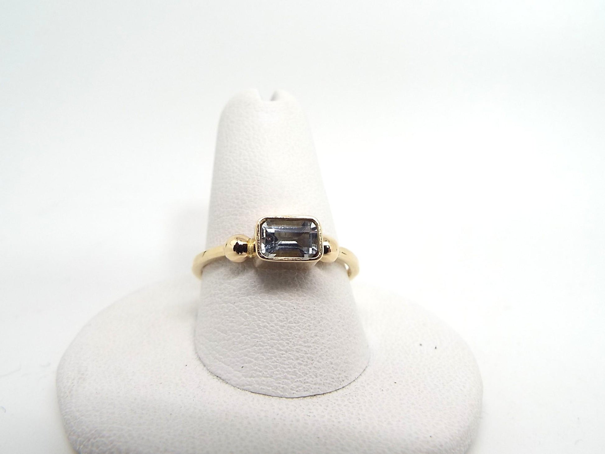14k Gold Sky Blue Topaz Ring: Emerald Cut Art Deco