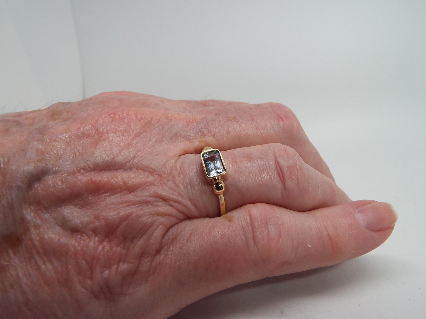 14k Gold Sky Blue Topaz Ring: Emerald Cut Art Deco