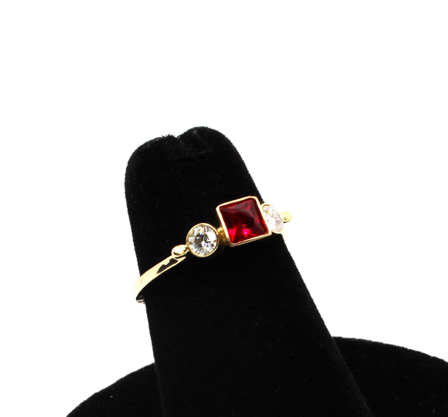 14k Gold Square Ruby and Moissanite Three Stone Ring
