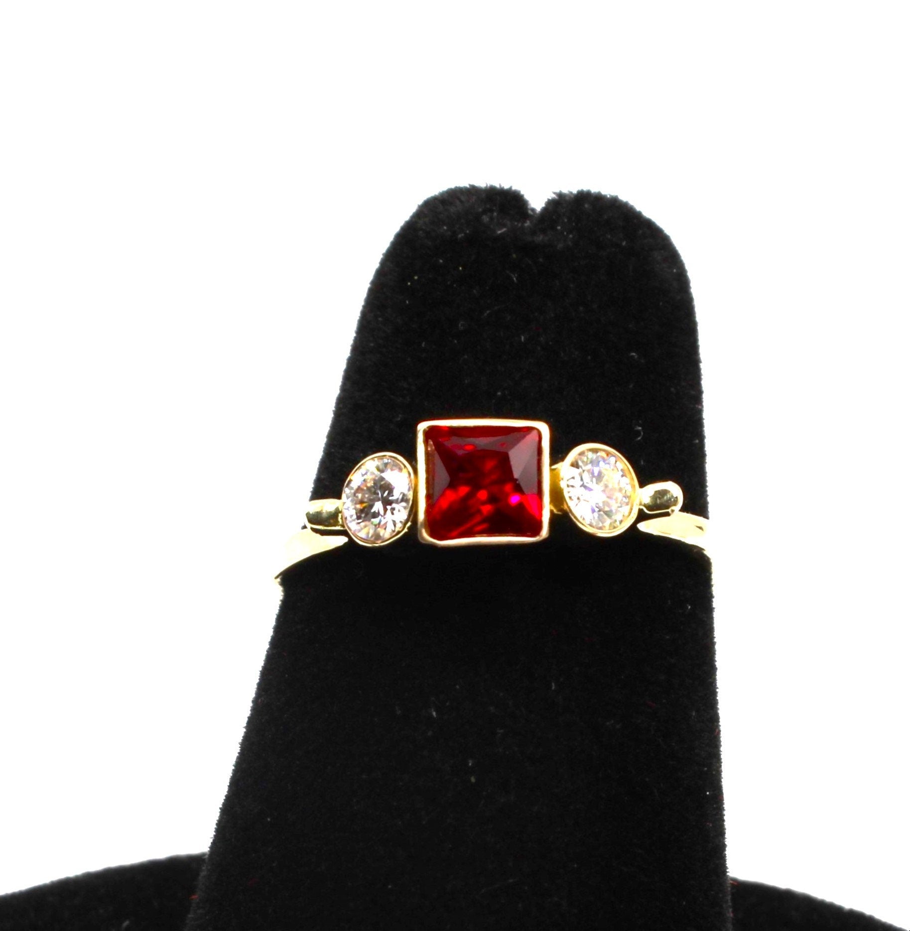14k Gold Square Ruby and Moissanite Three Stone Ring