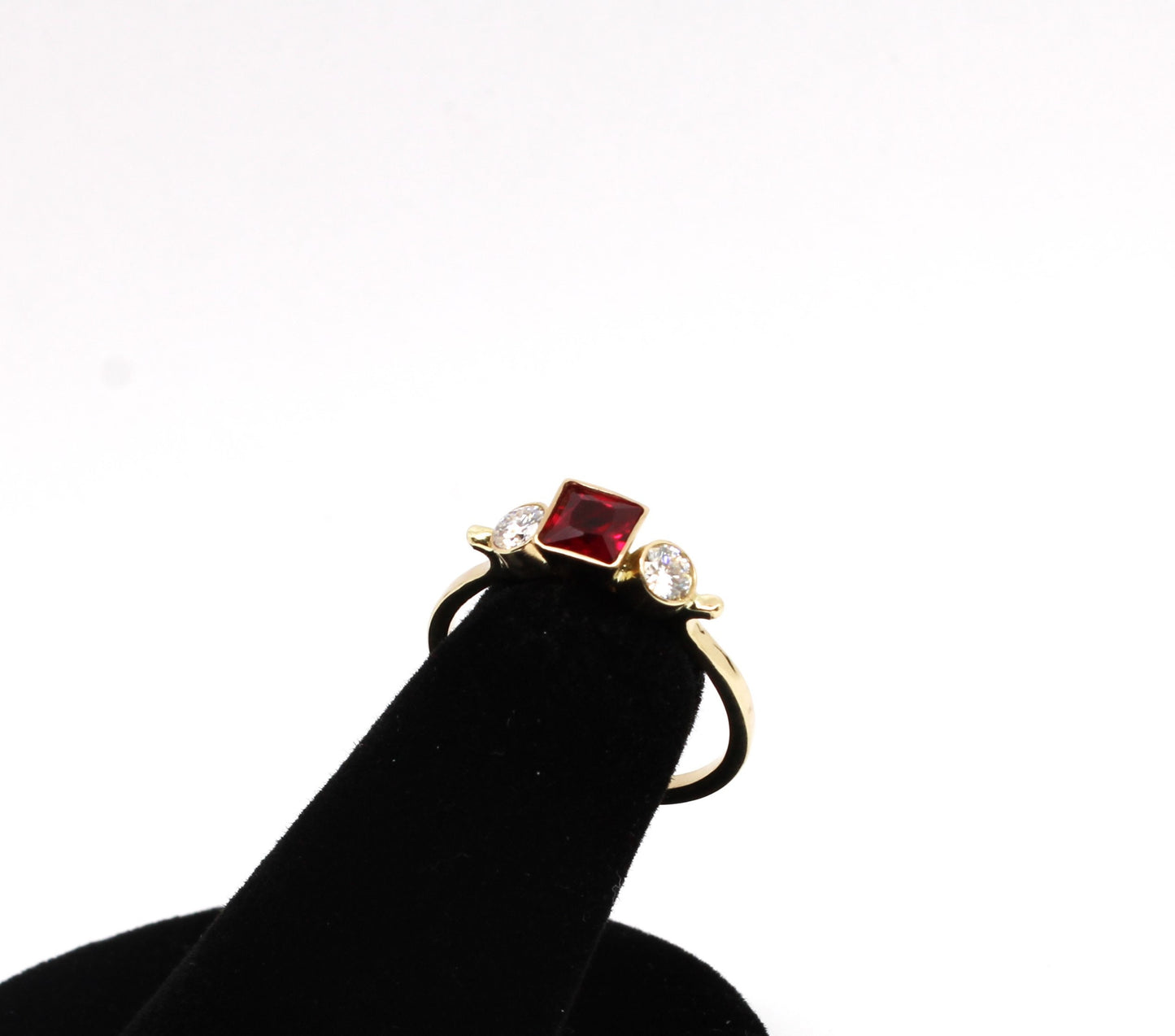 14k Gold Square Ruby and Moissanite Three Stone Ring