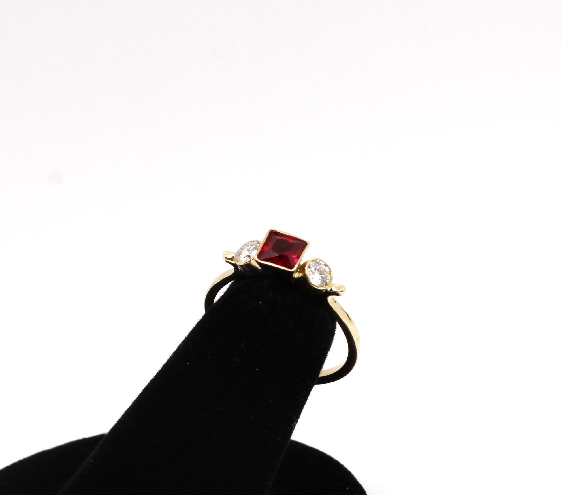 14k Gold Square Ruby and Moissanite Three Stone Ring