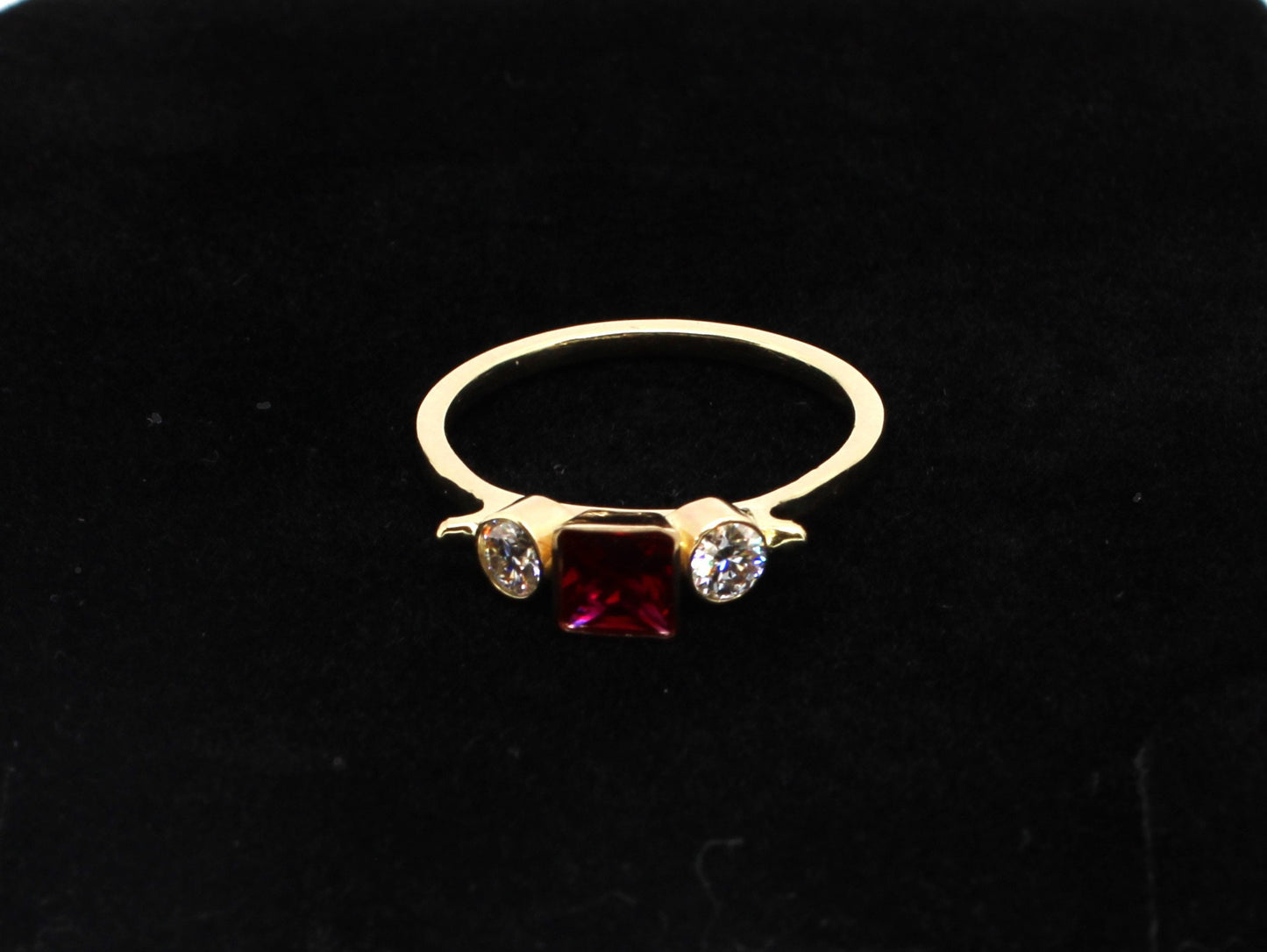 14k Gold Square Ruby and Moissanite Three Stone Ring