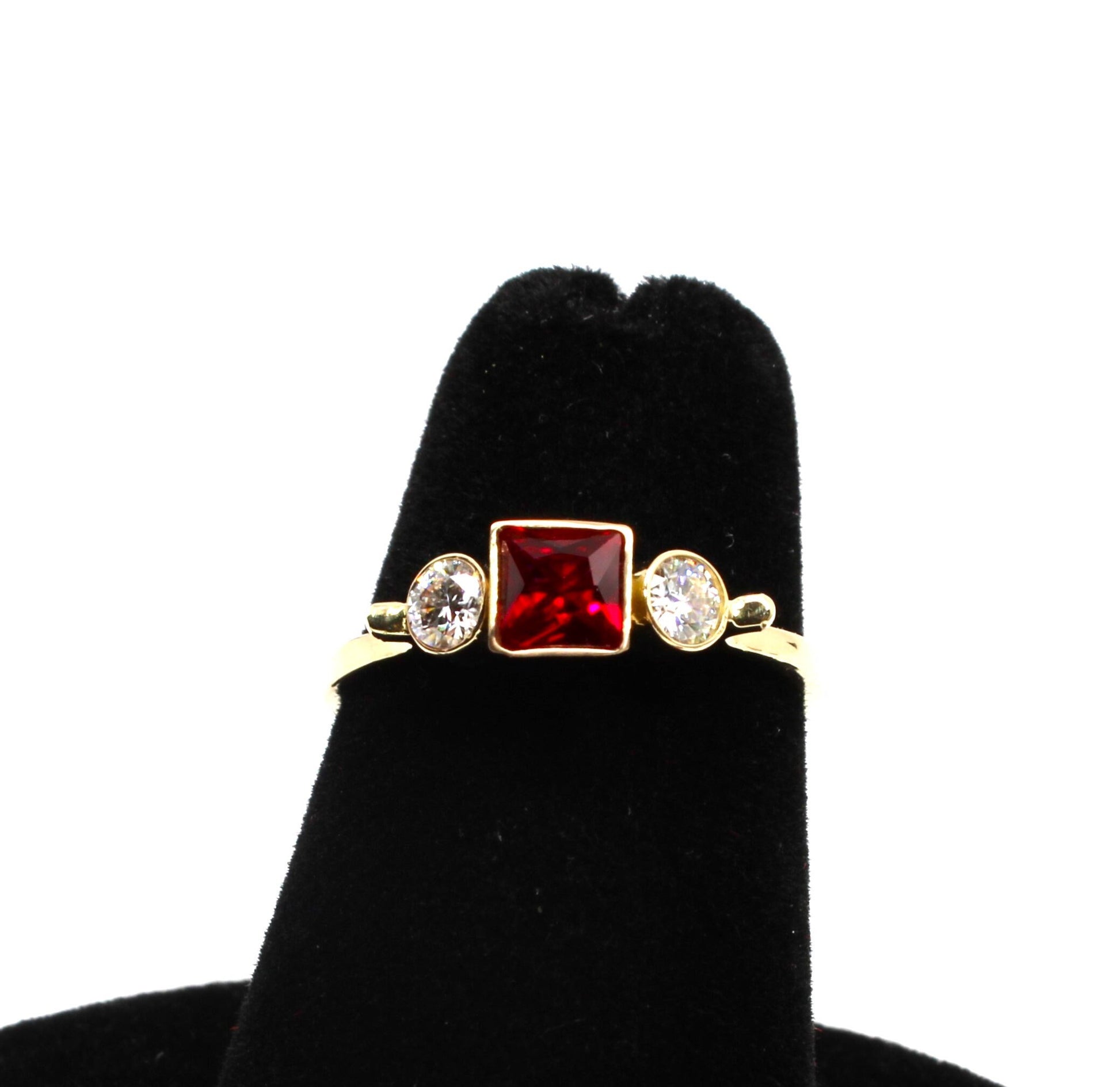 14k Gold Square Ruby and Moissanite Three Stone Ring