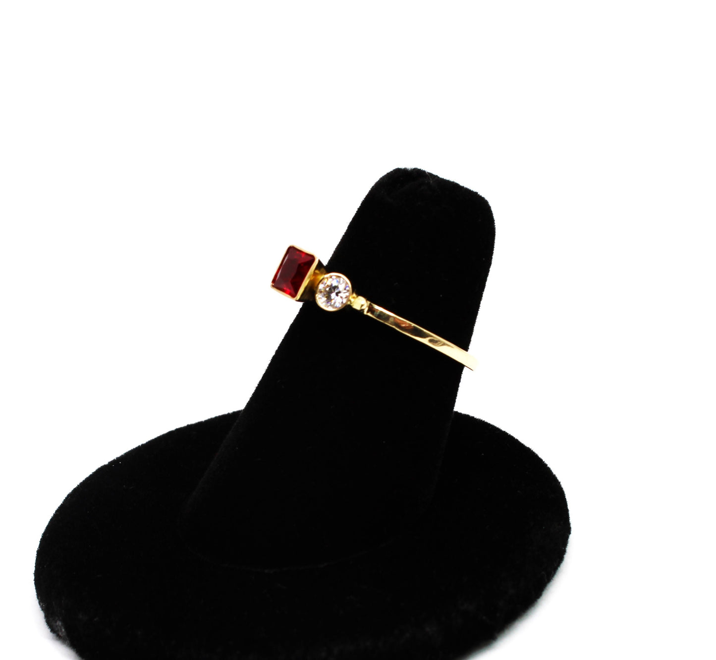 14k Gold Square Ruby and Moissanite Three Stone Ring