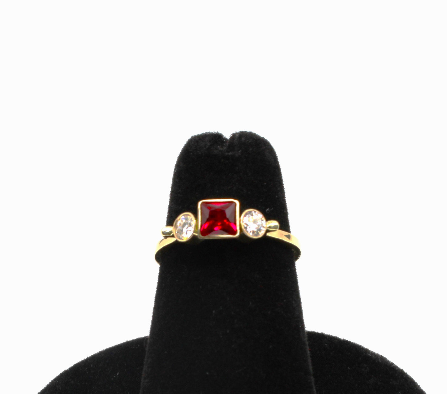 14k Gold Square Ruby and Moissanite Three Stone Ring